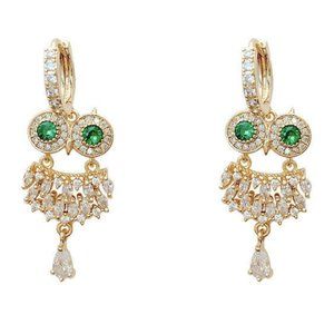 Owl Earrings Green Eyes Crystal Pave 925 Silver Gold Vermeil Pierced NWT M387